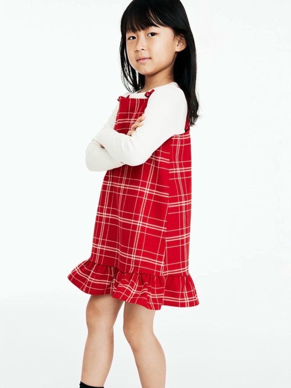 H&M GIRLS Red Plaid Ruffle Hem Pinafore Dress size 8